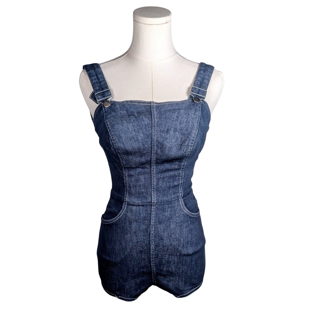 Vintage 50s Dark Wash Denim Pinup Romper Overall Bodysuit Playsuit Rockabilly XS